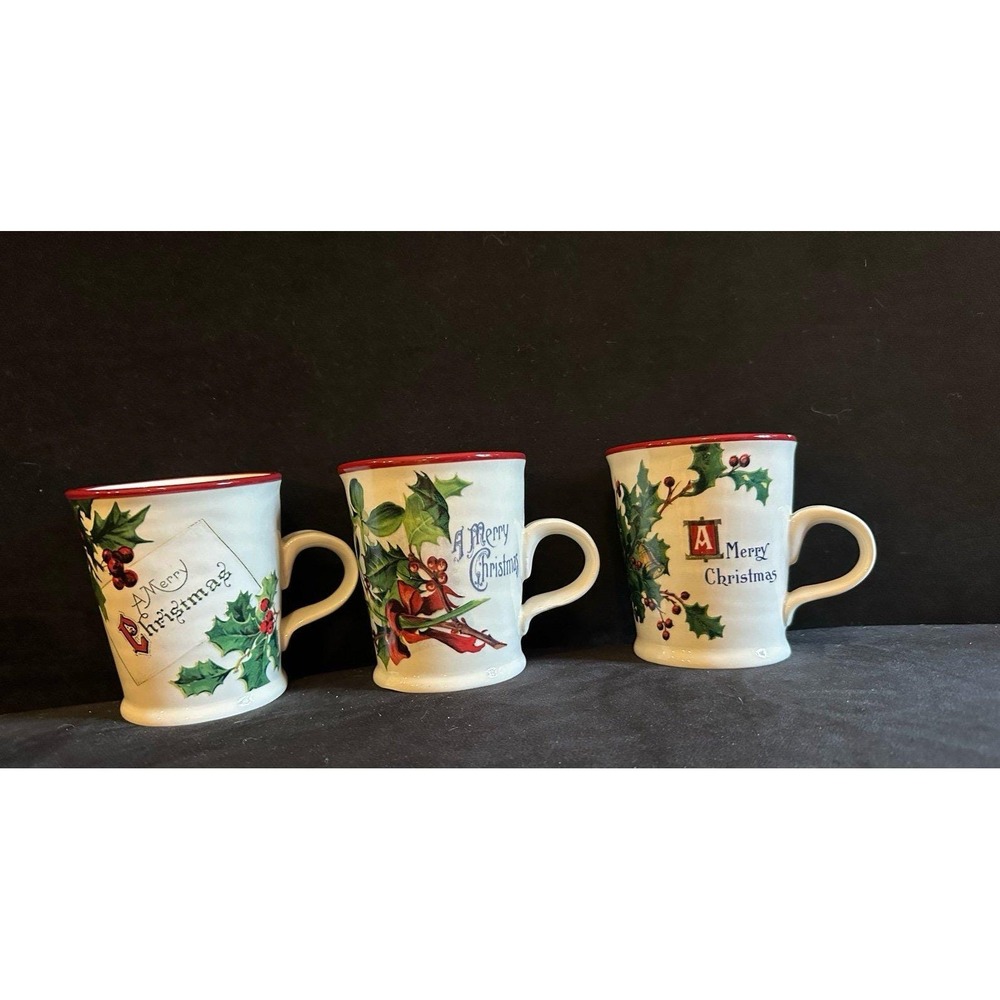 VTG Williams Sonoma "Vintage Christmas Postcard" Holiday Mugs Set of 3 Christmas